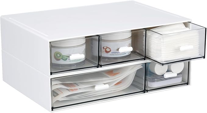 Desktop Organiser with 5 Drawers, Stackable Plastic Storage Box on Desk, Small Drawers Storage Unit for Home Collection, Cosmetics, Office Supplies (2 Flat Layers, White)