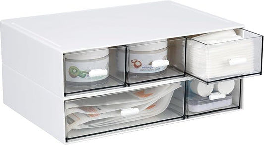 Desktop Organiser with 5 Drawers, Stackable Plastic Storage Box on Desk, Small Drawers Storage Unit for Home Collection, Cosmetics, Office Supplies (2 Flat Layers, White)
