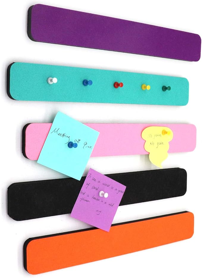 Felt Bulletin Board Bar Strip 0.5 Inch Thick Self-Adhesive Pin Board Bar 13 Inch in Length with 14 Pushpins, 5 Colors Bars