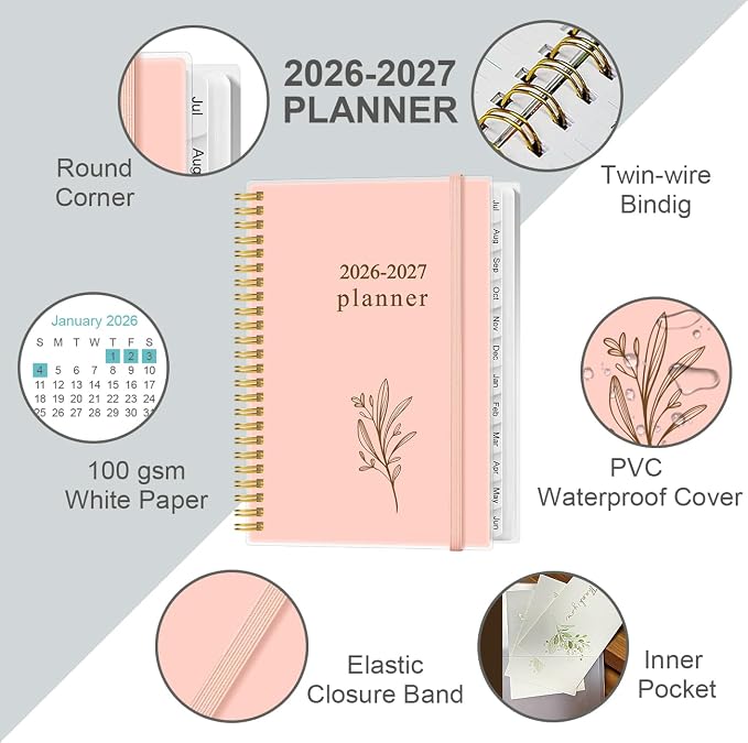 2026-2027 Planner - Planner 2026-2027 from July 2026 - June 2027, Weekly & Monthly Planners Spiral Bound with 12 Monthly Tabs, Inner Pocket, 6.4" x 8.5", Pink