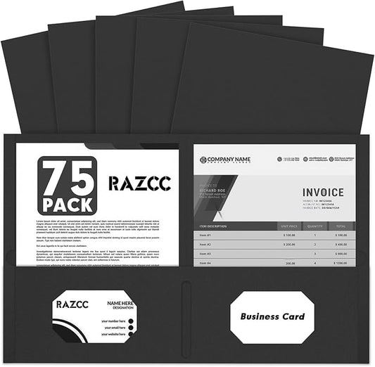 Two Pocket Folders, RAZCC 75 Pack 2 Pocket Folders Fit Letter Size Paper, Paper Folders with Pockets for School Office Business Home (Black)