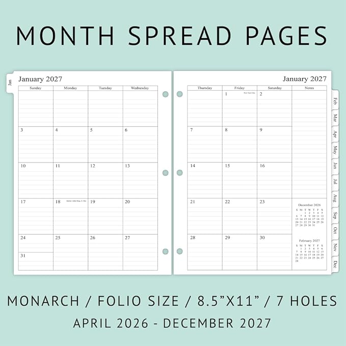 newestor 2026-2027 Monthly Planner Refill for 3 Ring Binder, Apr 2026 - Dec 2027, Two Pages Per Month, 8-1/2" x 11", Monarch/Folio Size 5