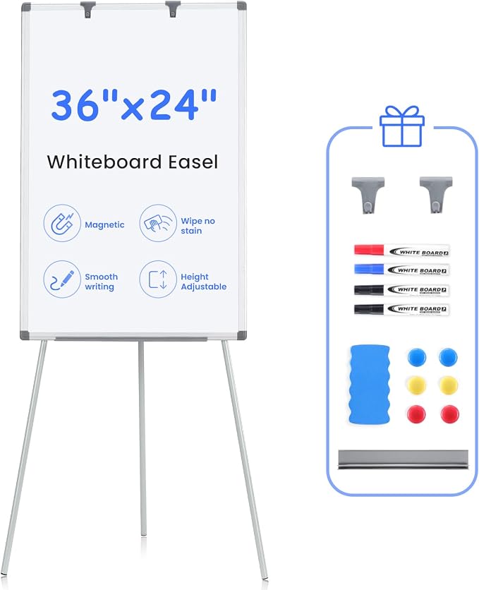 MAKELLO White Board with Stand, Portable Whiteboard Easel 3'x2' for Office Classroom Home School, Adjustable Height, Aluminum Frame, 36x24in