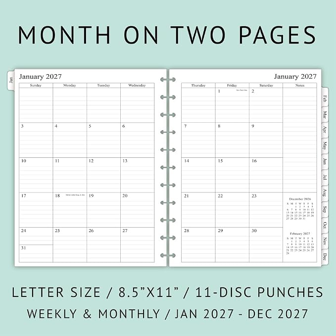 2027 Weekly Planner Refills for 11-Discbound Notebooks, Monthly Tabs, 11-Disc Punches, Letter Size, 8-1/2" x 11"