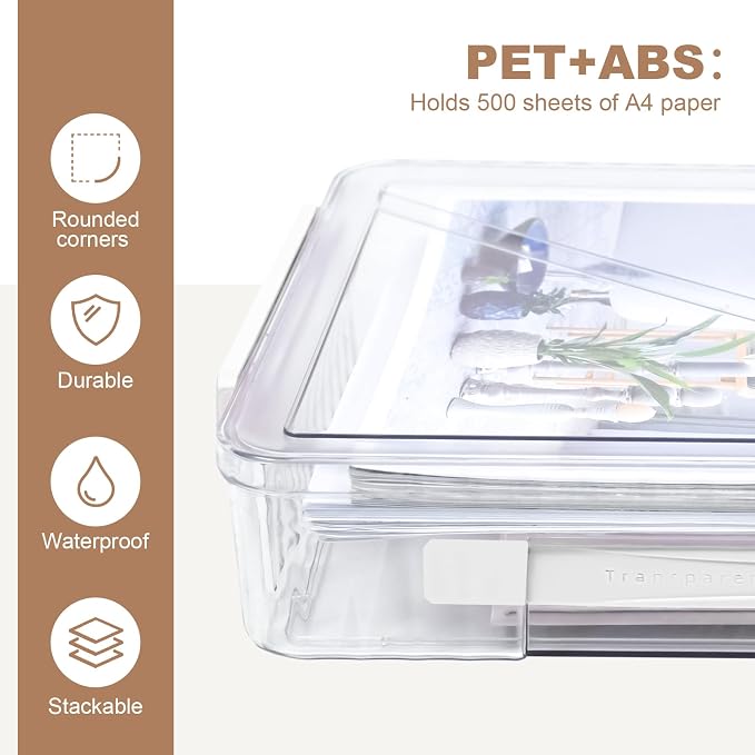 Clear Storage Boxes with Lid - A4 Transparent Paper Storage Organiser with Handle and Portable Project Case Drawer Organizer for Storing Certificates, Photos, Scrapbook, Toys, and Invoices