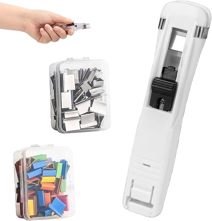 2026 New Portable Binder Clip Stapler, Includes 100 Reusable Clips, Handheld Paper No-Punch Folder, Mini Push Stapler Clamp Staplers for Home, School, and Office Document Binding (White)