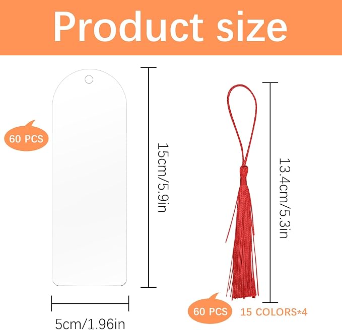 120 Pcs Clear Acrylic Bookmark Blanks 6" x 2", Transparent Semicircle Blank Acrylic Bookmarks Bulk 60pcs Plastic Book Page Markers with 60pcs Book Mark Tassels for DIY Crafting Projects and Gift Tags