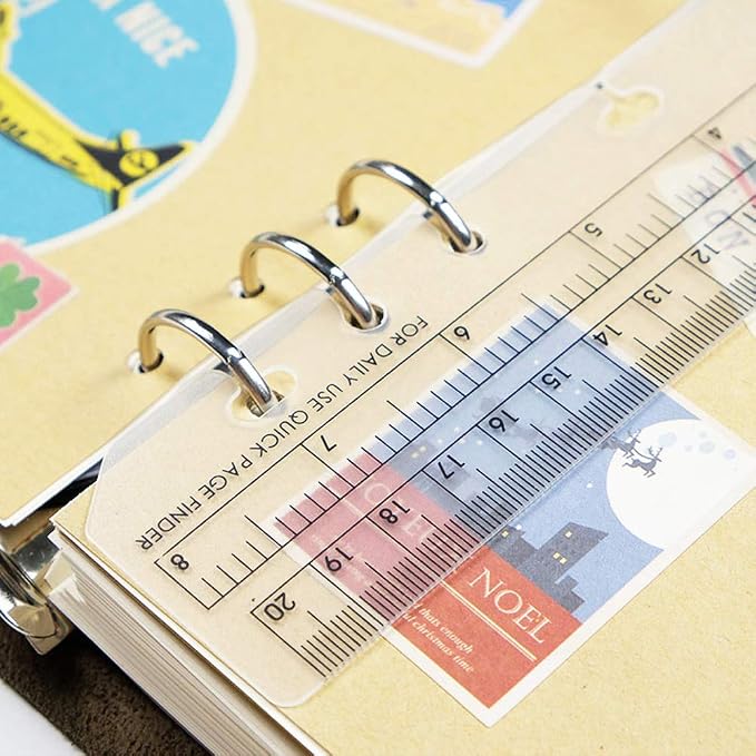 JKJF 4 Pcs Plastic Page Marker Snap-in Bookmark Ruler Binder Ruler for A5 Size 6-Hole Notebook Filler - Clear and Black