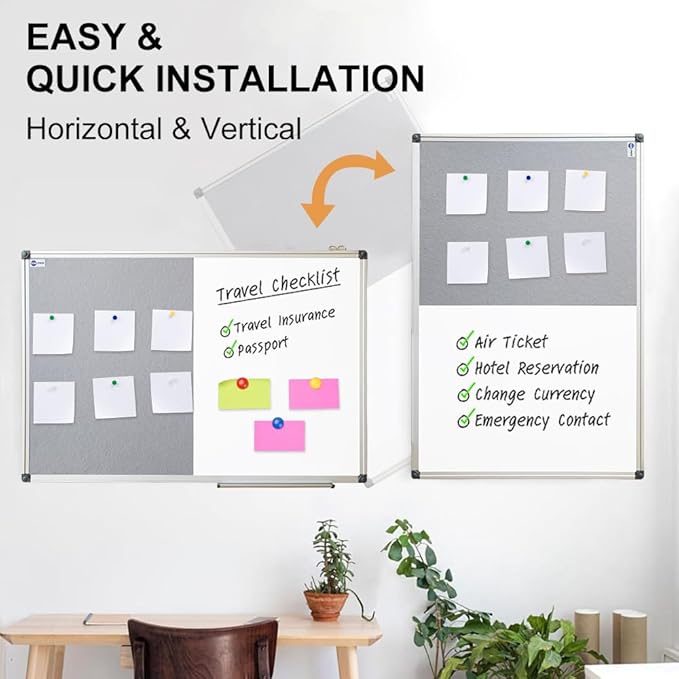 White Board and Cork Board Combo - 24 x 18 Inches Large Dry Erase Whiteboard and Bulletin Board, Magnetic Wall Pin Display Board for Home, Classroom & Office, 18"x24" Grey