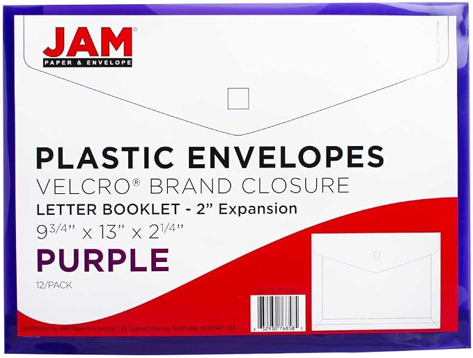 JAM PAPER Plastic Expansion Envelopes with Hook & Loop Closure - Letter Booklet - 9 3/4 x 13 with 2 Inch Expansion - Purple - 12/Pack