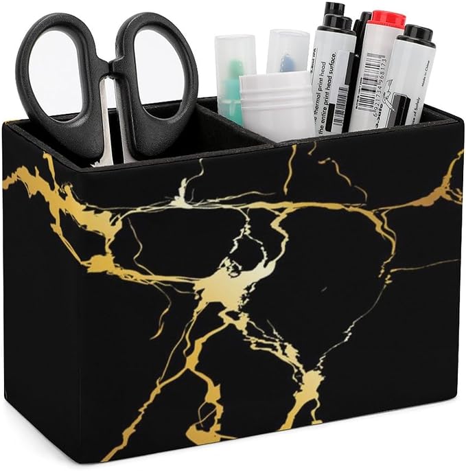 Square Pen Holder Black Marble Gold Texture for Desk, Leather Pencil Container Decoration Office Desk Home, Study Table Pen Organizer, Pencil Organizer