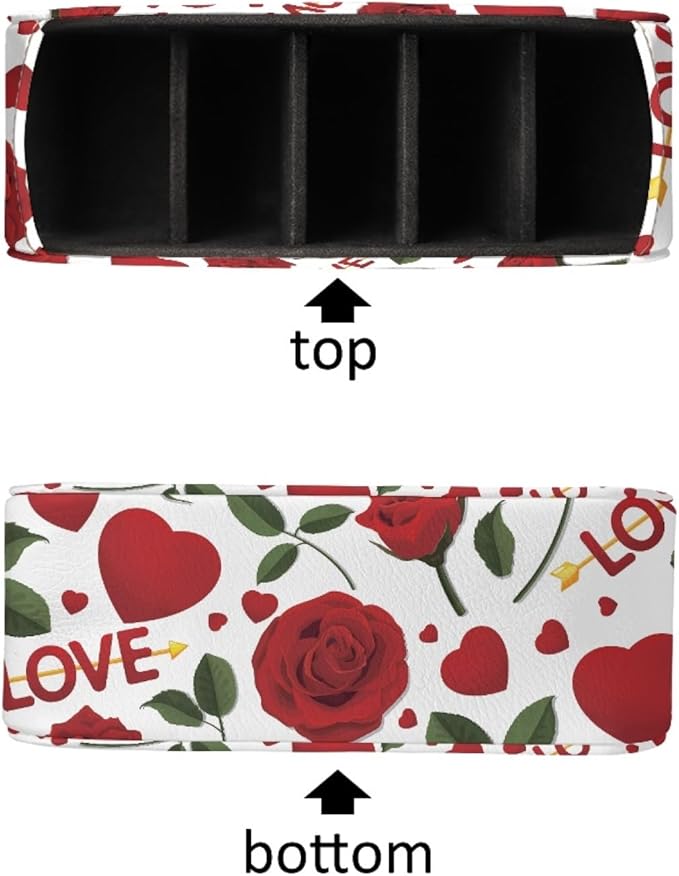 FUSURIRE Red Rose Love Print Tv Remote Controllers Holders for Desk Bed Couch Sofa, PU Leather Desk Storage Box Multi-functional Pencil Holder,Valentine's Day Theme Home&Office Accessories
