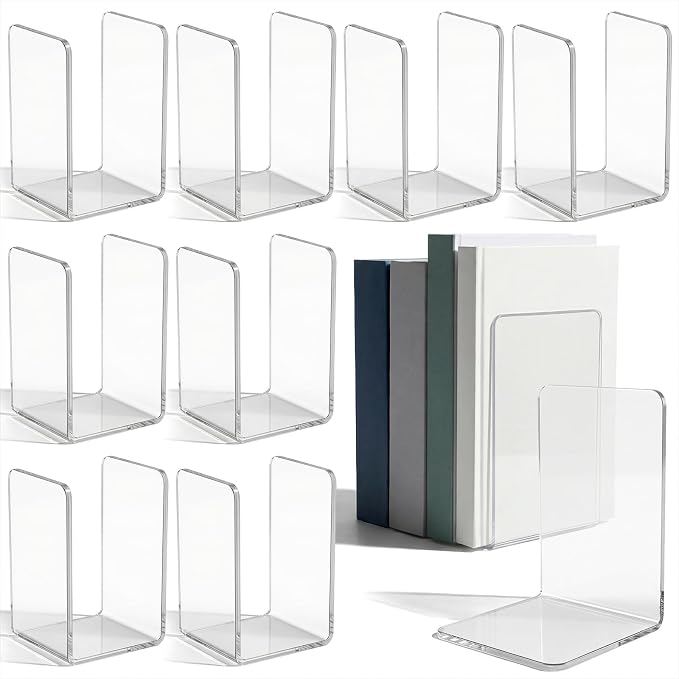 24 Pieces Book Ends, Clear Acrylic Bookends for Shelves, Heavy Duty Book Holders, Non Skid Decorative Bookends or School, Library,Desktop Organizer and Book Shelves Office, 4.9 x4.33 x 7.08in