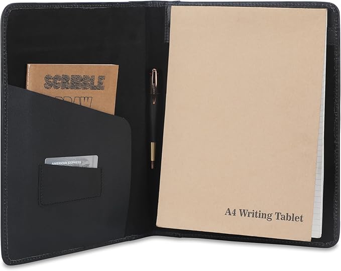 Heavy Duty Buffalo Leather Legal Pad Portfolio Handmade Executive Notebook Binder, Professional Padfolio Organizer Gift for Men and Women Genuine Leather Resume Document Holder (Black)
