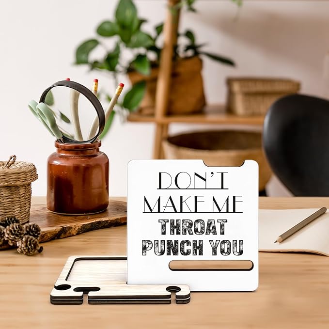 Funny Office Gifts for Friend Coworker - Multi-functional Desk Organizer - Humorous Office Throat Punch You Wood Sign for Office Desk Shelf Decor