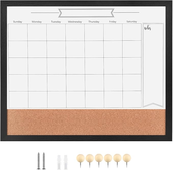 Dry Erase Calendar Whiteboard for Wall, Combination Magnetic Dry Erase White Board & Bulletin Board, 23.6" x 31.5" Wood Framed Calendar/Cork Combo Board(BK-6080)