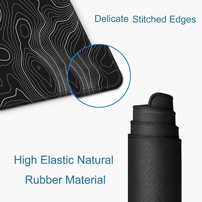 Gaming Mouse Pad, Large Topographic Mouse Pads for Desk, Non-Slip Rubber Base Mousepad, Keyboard Mouse Mat, Desk Pad with Stitched Edges, 31.5x11.8inch, Black Geographic Lines
