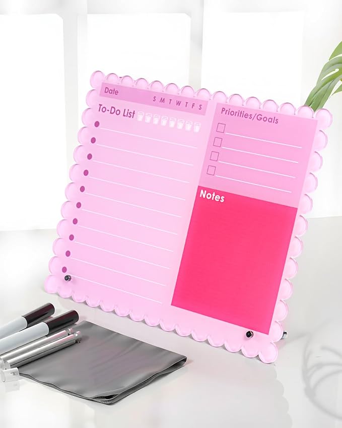 HAYVAN 12"x10" Acrylic Pink Dry Erase Board - Tabletop Whiteboard with 2 Markers, 2 Metal Stands & 1 Cleaning Cloth, 4mm Thick to-Do List Memo Board for Office, Home, School
