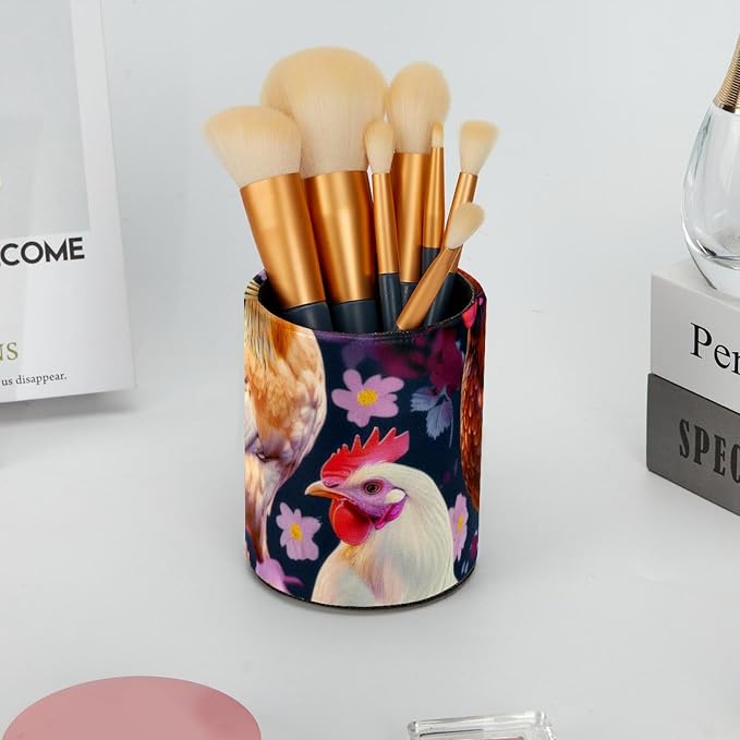 Pen Cup Holder for Desk, Large Pen and Pencil Holder, Seamless Chickens and Flowers Desk Stationery Organizer Makeup Brush Holder for Home, Office, School