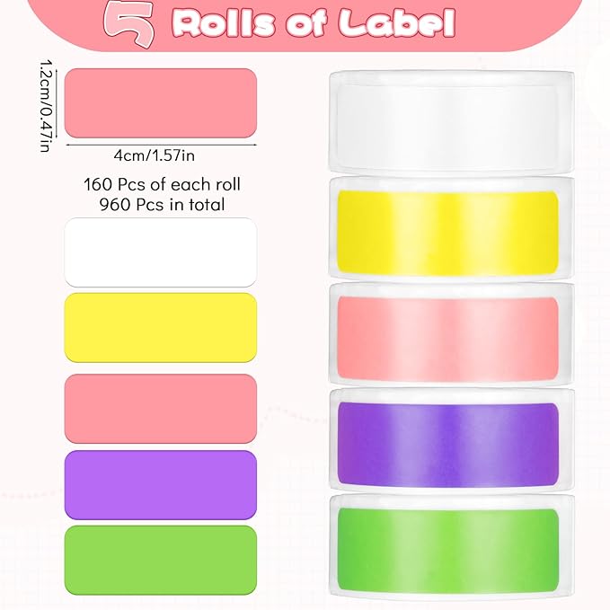 D30 Label Tape Print Stickers 12 x 40 mm Label Maker Tape Colorful Laminated Labeling Paper Replacement for D30 Printer, 160/Roll, 5 Rolls in Total(800 Pieces)