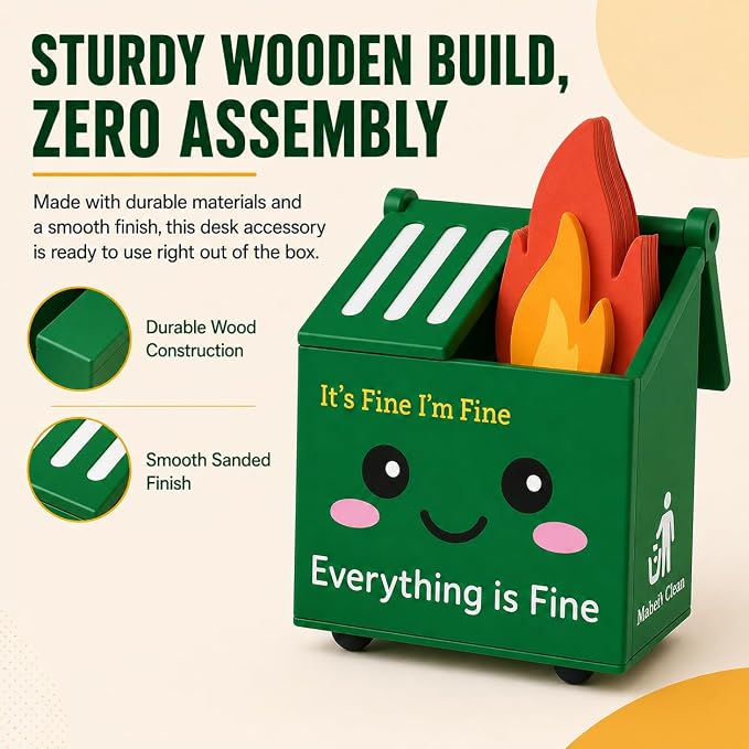 Desk Dumpster Fire Pen Holder – Everything’s Fine Funny Office Desk Decor, Mini Trash Can Pencil Holder Organizer with Flame Note Cards, Stress Relief White Elephant Gag Gift for Coworker
