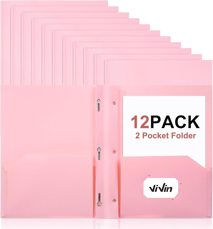 ViVin Sturdy Plastic Folder with Pockets,12 Pack,Heavy Duty Two Pocket 3 Prong Folders,Holds Letter Size Paper,File Folders with Business Card Slot for School Home and Office(Pink)