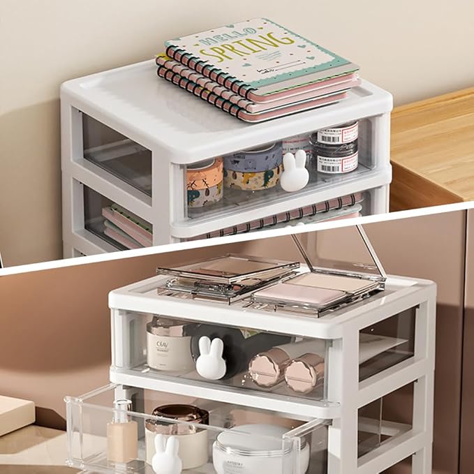 5-Tier Desk Storage Box, Transparent Plastic Organizer with Bunny Handles, Large Capacity Multi-Level Drawer for Books, Pens, Office Supplies, Perfect for Home, Office, or Study