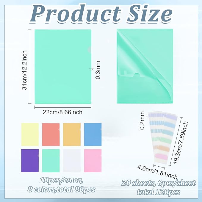 80PCS Clear Plastic Document Folders 8 Colors Document Protector Sleeves with Label Stickers A4 Paper Filing Storage Organizes Folders for Office School Home Document Letter Protection