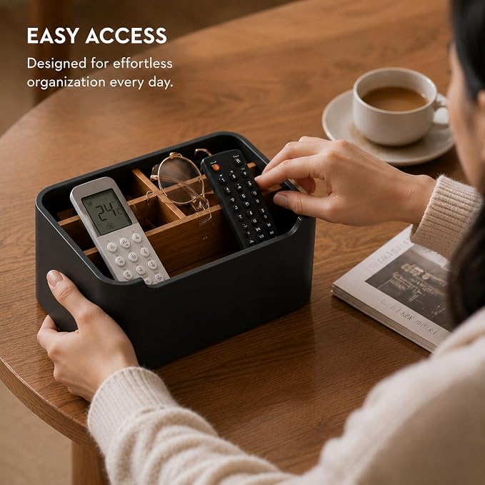 Remote Control Holder with Removable Wood Compartments for Media Devices, Desktop Stationery, and Bedside Nightstands, Black