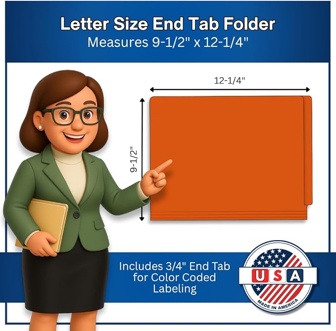 Orange File Folders, Doctor Stuff, Letter Size Reinforced End Tab Folder with 2" Bonded Fastener on Inside Front and Back, 14 pt Stock, Carton of 250