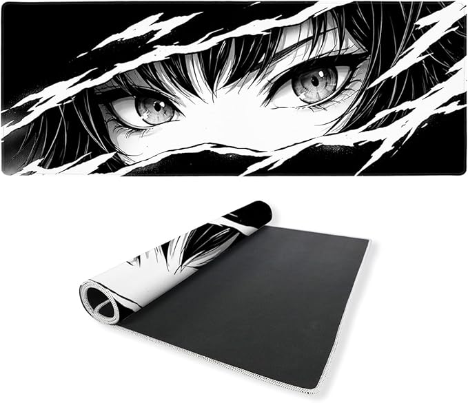 Anime Desk Mat 35.4 x 15.7 Inches Black and White Anime Eye Gaming Mouse Pad Non-Slip Rubber Base Waterproof with Stitched Edges for Gaming Office Home
