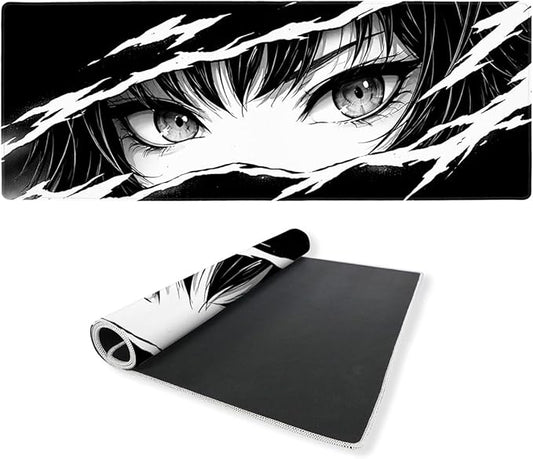 Anime Desk Mat 35.4 x 15.7 Inches Black and White Anime Eye Gaming Mouse Pad Non-Slip Rubber Base Waterproof with Stitched Edges for Gaming Office Home