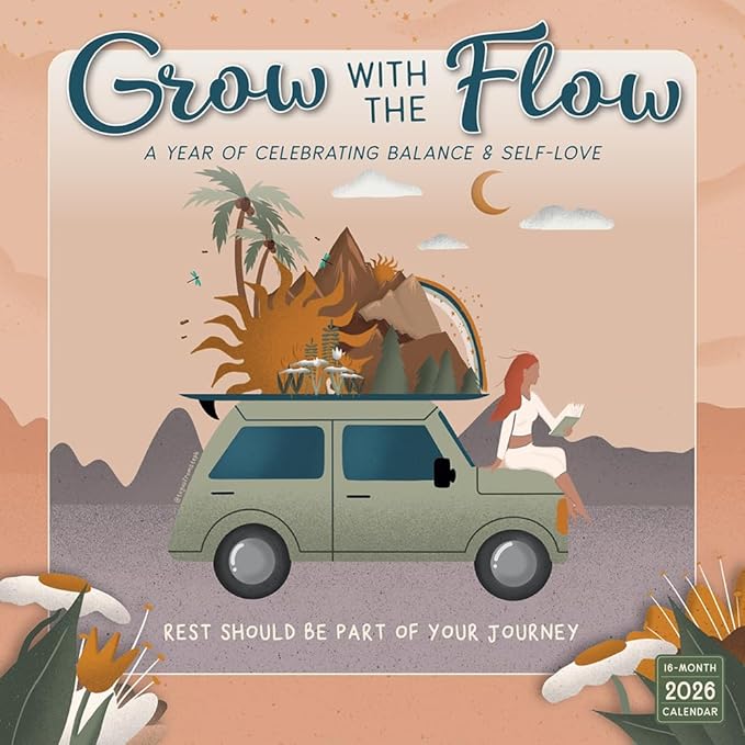 Grow with The Flow 2026 Wall Calendar, 12-Month Inspirational Art Calendar on Balance & Self Love, 12" x 12", Monthly Calendar 2026 Planner with Large Grids