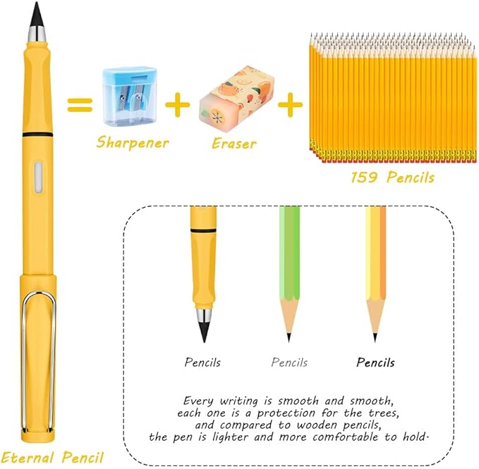 Ainiv Inkless Pencil Forever Pencil, 6 Sets Infinity Pencil Everlasting Pencil with Eraser, Reusable Infinite Pencil with Extra 6 Replaceable Nibs, Endless Pencil for Home Office School Supplies
