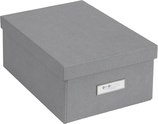 Bigso Karin Collapsible Storage Box - Photo Storage Box with Labelframe for Easy Identification - Simple Assembly Without Tools - Decorative Storage Boxes with Lids - 8.9in x 12.4in x 5.4in - Gray