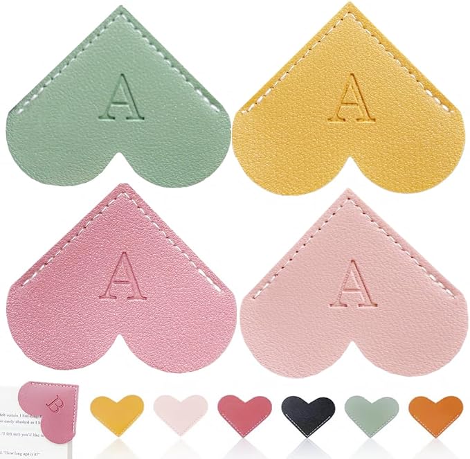 4Pcs Personalized Leather Heart Bookmark26 Letters Customized Corner Book Mark for Reading, Book Holder Markers with Initials Page Accessories Cute Gifts (Light Pink+Deep Pink+Green+Light Brown, A)