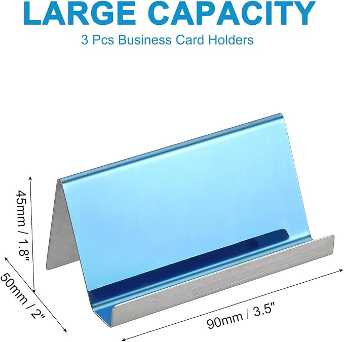 PATIKIL Business Card Holder for Desk, 3Pcs Business Card Holders Stainless Steel Card Stand Organizer Cards Display for Office Exhibition, Blue