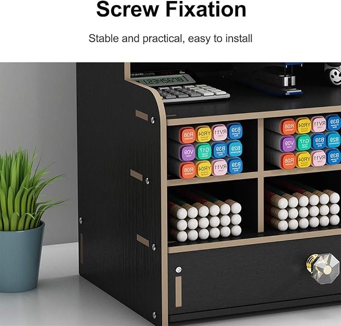Wooden Desk Organizer with Drawer, Large Capacity DIY Pen Holder Storage Box Desktop Stationary Storage Rack, Pen Organizer Caddies for Office, Home and School Supplies (B16-Black)