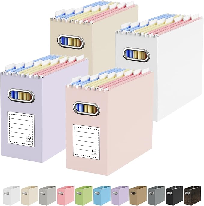 Oterri File Organizer Box, Portable Collapsible Cardboard File Folder Organizer with Handle for Letter Size Hanging Files, Document Storage Box for Home Office & Classroom (4 Packs,Colorful)