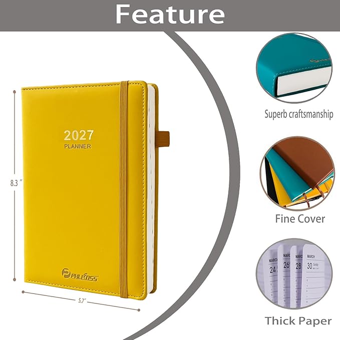 Daily Planner 2027 / Appointment Book, One Page Per Day, Jan - Dec 2027, Annual Daily Monthly Calendar Planner with Hourly Schedule and Monthly Tabs, 5.7" x 8.3" Agenda (Yellow)