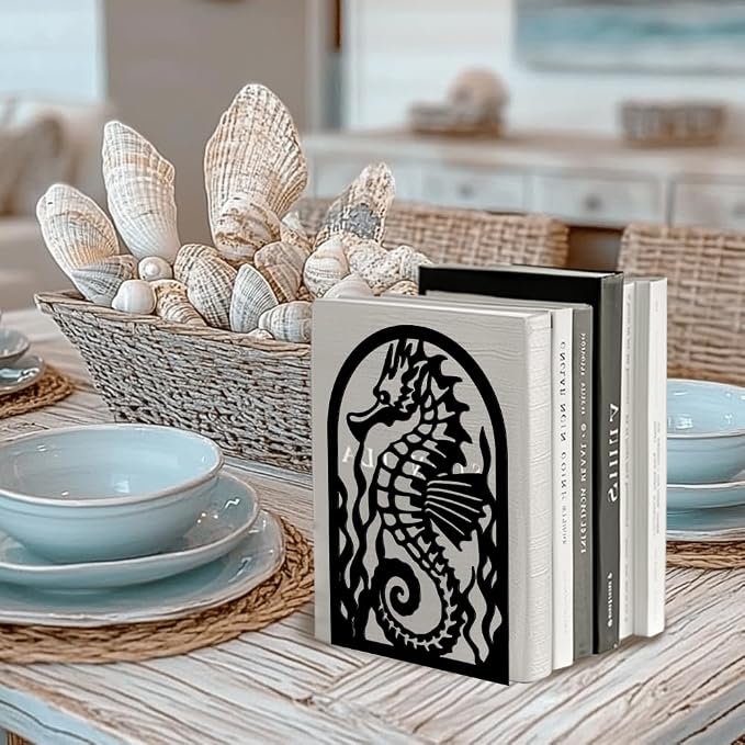Peacoblue Metal Bookends for Shelves, Modern Decorative Heavy Duty Study Book Support Stoppers for Office, Desk, Shelf, Room 5.3"x4.3"x7.9" Cast Iron Simple Tall Bookends, 1 Pair (Seahorse)