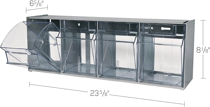 Deflecto Four-bin horizontal tilt bin storage system, 23-5/8w x 6-5/8d x 8-1/8h, Gray (20409B1PK)