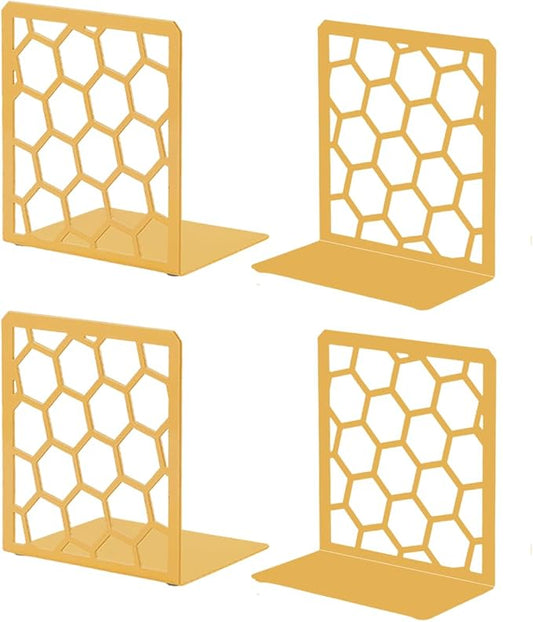 Gold Geometric Honeycomb Metal Bookends - Book Ends for Shelves - Decorative Modern Heavy Duty Bookend Stopper - Book Ends for Heavy Books - Home Office Book Holder - 2 Pair, 6x3.25x6.25 in
