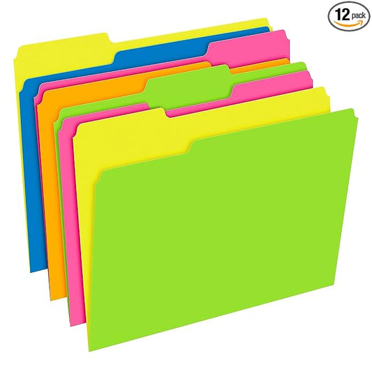 Pendaflex File Folders, 12-Pack, Letter Size, Twisted Glow Neon Assorted Reversible Colors, 1/3-Cut Staggered Tabs, Versatile Document Organizers for School Classrooms and Professional Office Desks
