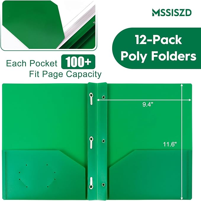 72-Pack Plastic Folders with Pockets and Prongs,2-Pocket Folders with 3 Fasteners, Holds 8-1/2" x 11" Paper for School/Office/Home, Green