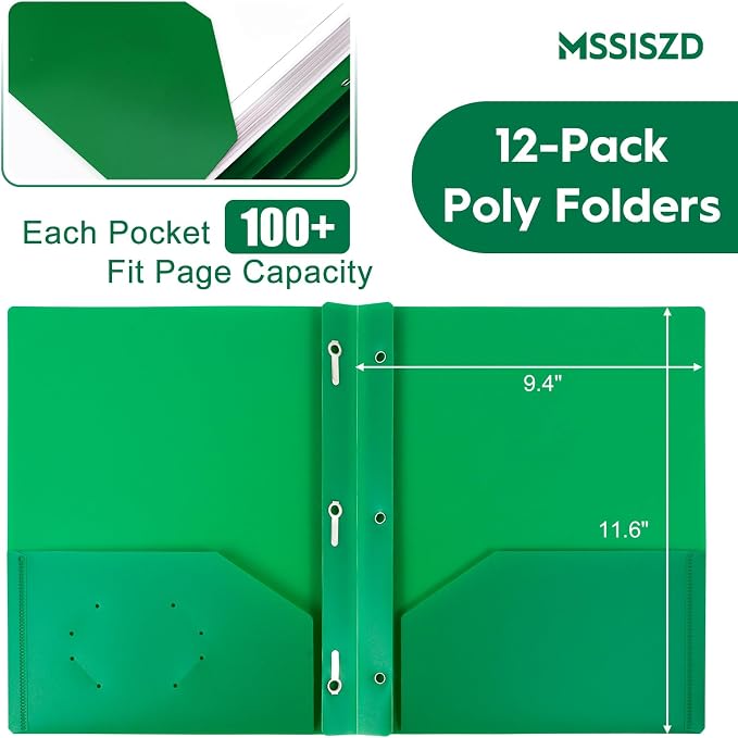24-Pack Plastic Folders with Pockets and Prongs,2-Pocket Folders with 3 Fasteners, Holds 8-1/2" x 11" Paper for School/Office/Home, Green
