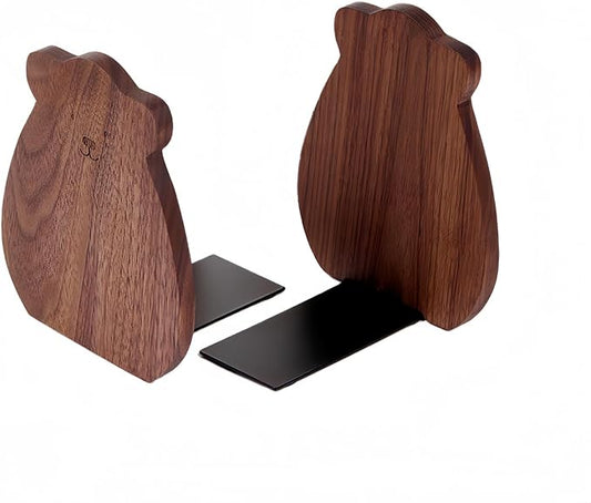 Cute Bear-Shaped Book Ends for Shelves, Detachable Design Bookends for Heavy Books, with Anti-Slip Foam Pads, an Ideal Gift for Book Fans (Pack of 2,Black Walnut Wood Bear)