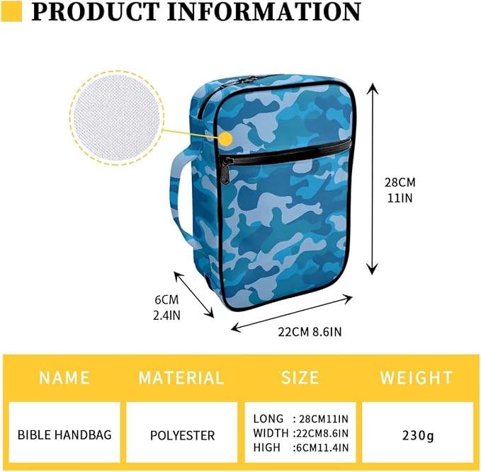 Coldinair Blue Camo Print Bible Cover for Men,Carrying Book Case Church Bag Bible Holder Protector with Handle and Zipper Pocket