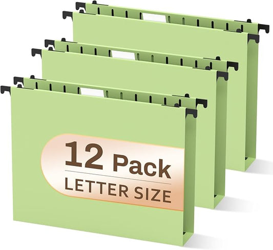 Green Hanging File Folders, 2" Expandable Green File Folders Hanging Folders Expanding Hanging File Folder, Plastic Hanging Files Folders with Tabs & Expandable Bottom, Lette Size, 12 Pack