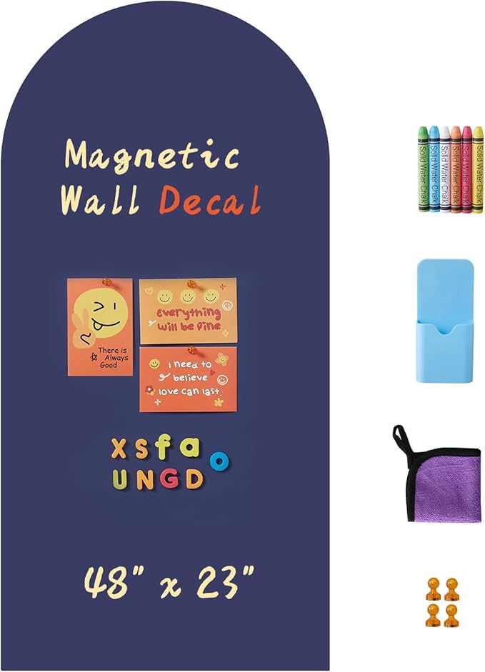 Arch Magnetic Wall Decal 48" x 23", Magnet Chalkboard for Wall, Magnetic Chalk Board Sticker, Chalk Wallpaper Peel and Stick for Playroom Classroom with Chalks, Wiping Cloth (Navy Blue)